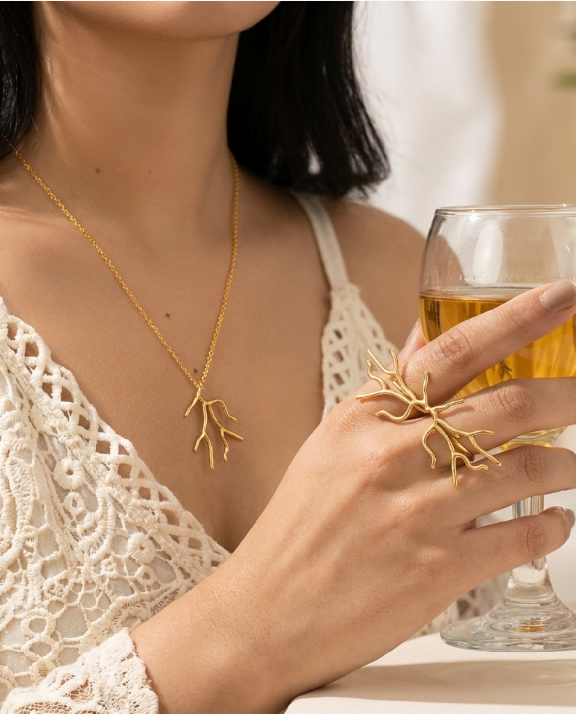 Twig Double Finger Ring + Twig Pendant And Chain